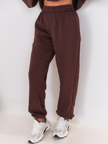 Dresowe bawełniane SPODNIE z wysokim stanem luźny krój ze ściągaczami brązowe E341
