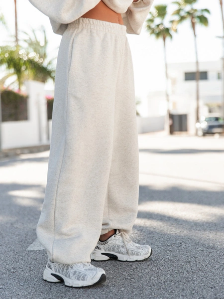 Dresowe bawełniane z lnem SPODNIE baggy beż melanż E643k01