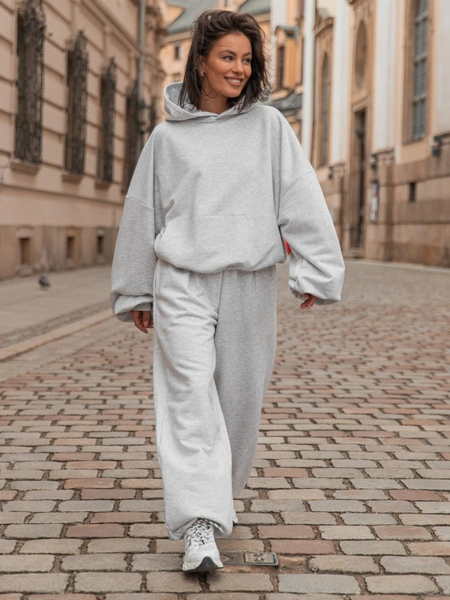 Luźna BLUZA z kapturem oversize szeroka z bawełnianej dresówki niedrapanej od wewnątrz szary melanż X150
