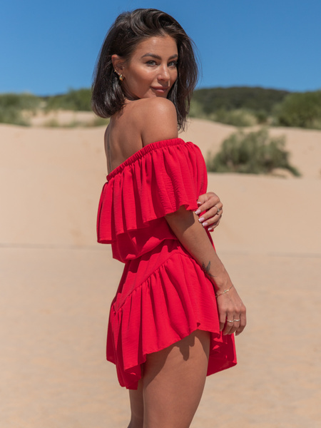 Zwiewna SUKIENKA z wszytymi spodenkami KOMBINEZON w stylu hiszpańskim czerwona X108 k01