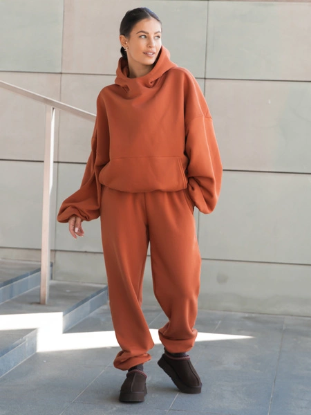 Viralowa Bawełniana BLUZA z drapanego dresu z kapturem na stójce z kieszeniami kangurka pumpkin orange E1 k01