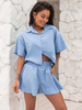 KOMPLET krótka koszula z krótkim rękawem i spodenki z tkaniny ala len jasny jeansowy X162 k01