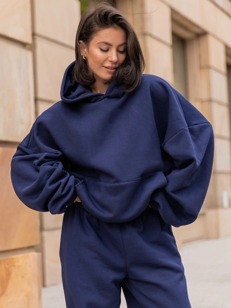 Viralowa Dresowa bawełniana BLUZA z kapturem oversize szeroka navy blue E644