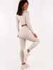 BASICOWY KOMPLET krótki top z długim rękawem i legginsy z prążkowanej wiskozy z lnem melanż beż d133 k01