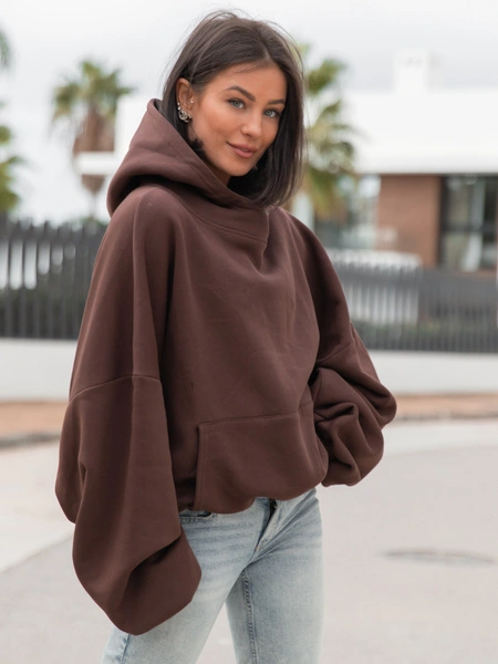 Viralowa Oversizowa BLUZA z kapturem bluzowana kangurka z bawełnianej dresówki brązowa X2 k01