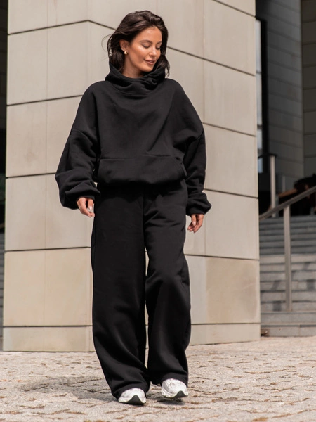 Dresowe bawełniane SPODNIE  z szerokimi nogawkami czarne X31