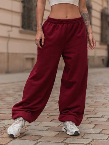 Luźne SPODNIE baggy z bawełnianej dresówki niedrapanej od wewnątrz bordowe X151