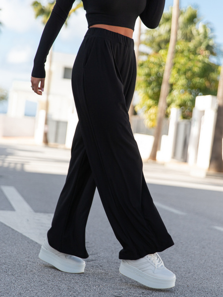 Szerokie SPODNIE z wiskozy z wysokim stanem z zaszewkami czarne X18 k01