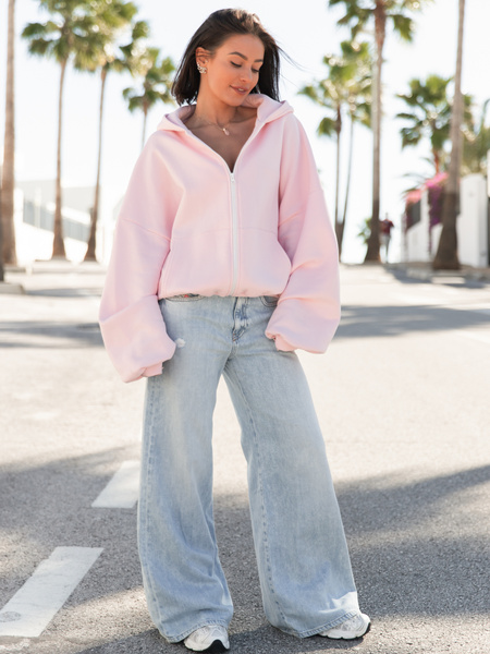 Oversizowa BLUZA z kapturem zapinana na zamek bluzowana kangurka z bawełnianej dresówki baby pink X1