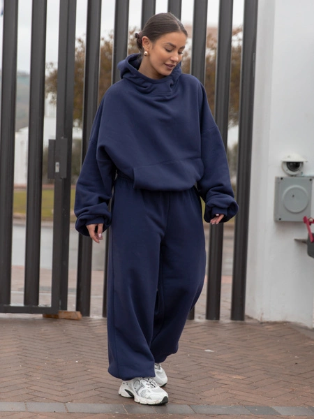 Viralowa Bawełniana BLUZA z drapanego dresu z kapturem na stójce z kieszeniami kangurka navy blue E1