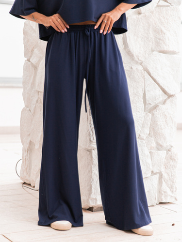 Szerokie SPODNIE z wiskozy ze średnim stanem z gumką w pasie navy blue X202 k01