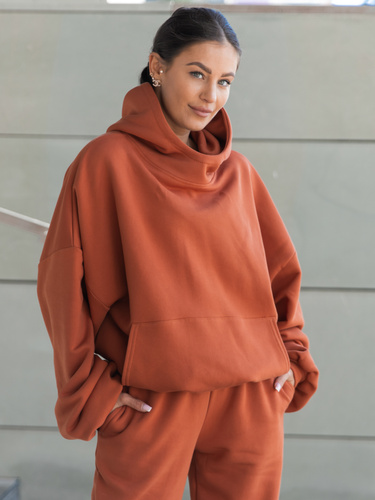 Viralowa Bawełniana BLUZA z drapanego dresu z kapturem na stójce z kieszeniami kangurka pumpkin orange E1