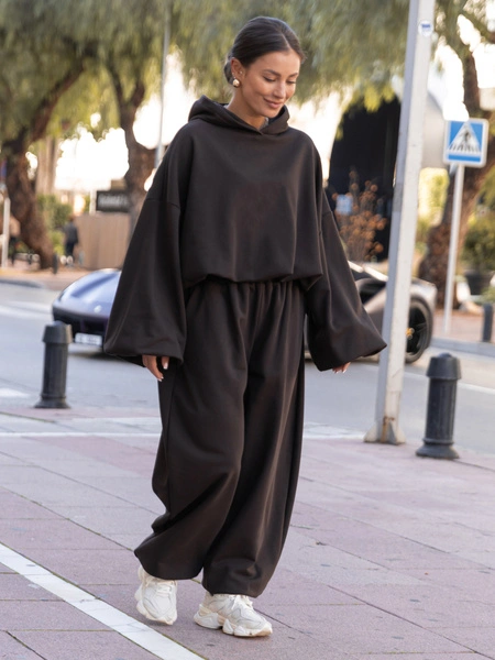 Bawełniane dresowe SPODNIE oversize baggy ze ściągaczami z dresówki pętelkowej dark chocolate X516