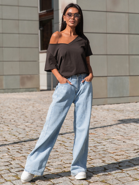 Bawełniany T-SHIRT bluzka z krótkim rękawem z dekoltem V brązowa X404