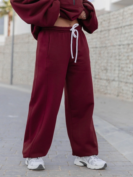 Oversizowe bawełniane SPODNIE dresu drapanego z przeszyciem i ściągaczami bordowe X476