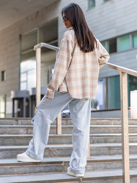 Oversizowa KOSZULA w kratę beżową wzór 5 X363 k01