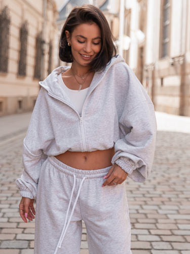 Luźna BLUZA z kapturem zapinana na zamek oversize szeroka z bawełnianej dresówki niedrapanej od wewnątrz szary melanż X218 k01