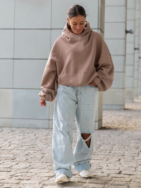 Viralowa Bawełniana BLUZA z drapanego dresu z kapturem na stójce z kieszeniami kangurka mokka E1