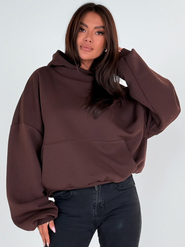 Bawełniana BLUZA z drapanego dresu z kapturem na stójce z kieszeniami kangurka brązowa E1