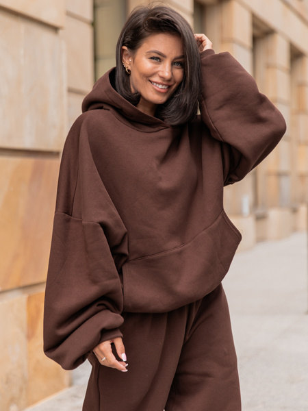 Viralowa Dresowa bawełniana BLUZA z kapturem oversize szeroka brązowa E644