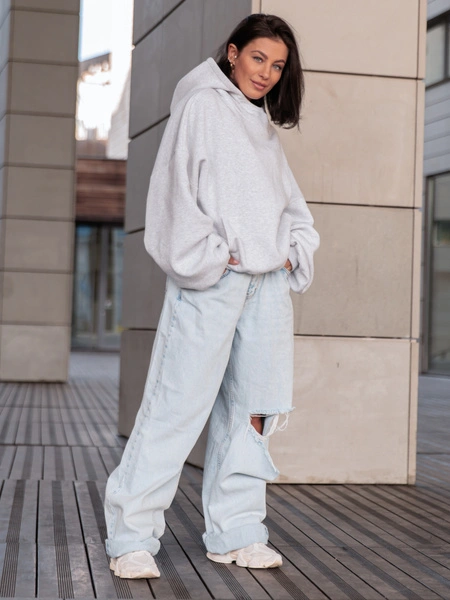 Viralowa Bawełniana BLUZA z drapanego dresu z kapturem na stójce z kieszeniami kangurka szary melanż E1