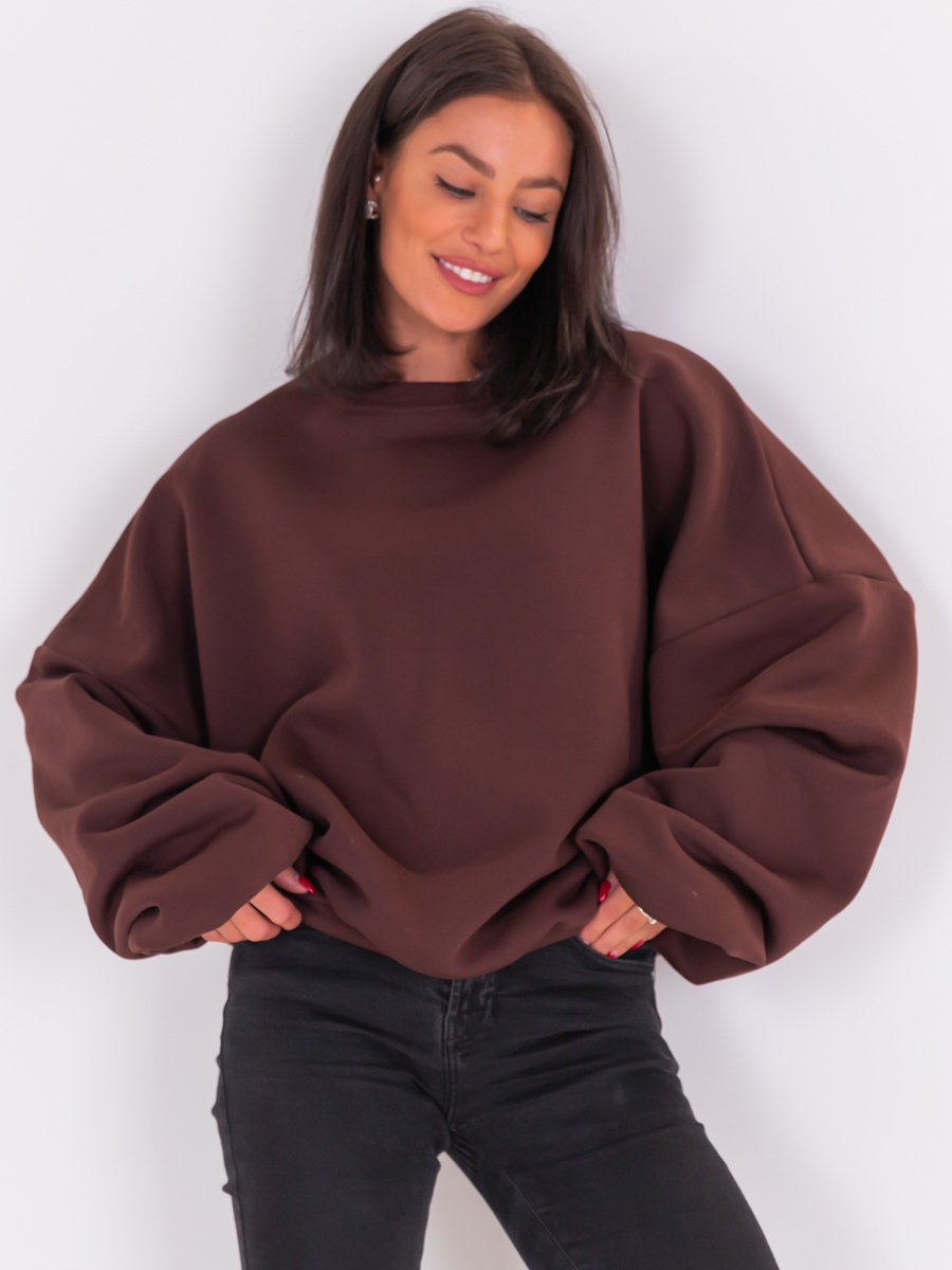 Bawełniana dresowa oversizowa BLUZA bez kaptura brązowa E528 k01
