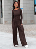 ZESTAW Wiscozowy: Dopasowana BLUZKA opuszczana na ramiona z długim rękawem X416 + Szerokie SPODNIE z wiskozy ze średnim stanem X418