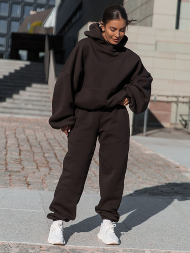 Dresowy ZESTAW: Viralowa BLUZA z drapanego dresu z kapturem na stójce E1 + Dresowe SPODNIE ze ściągaczami X32