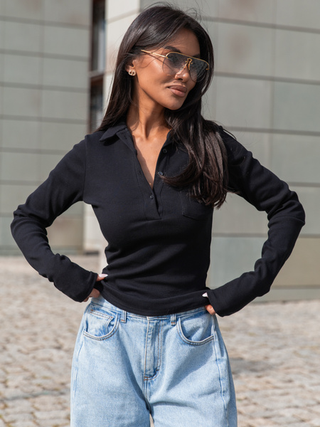 Basic Bawełniana BLUZKA z prążkowanej dzianiny z kołnierzykiem czarna X405