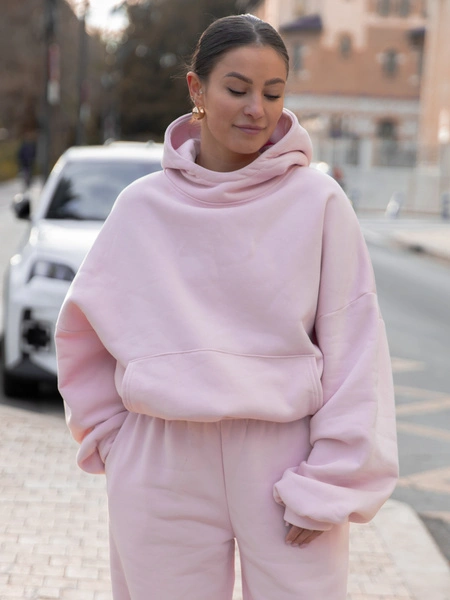 Viralowa Bawełniana BLUZA z drapanego dresu z kapturem na stójce z kieszeniami kangurka baby pink E1