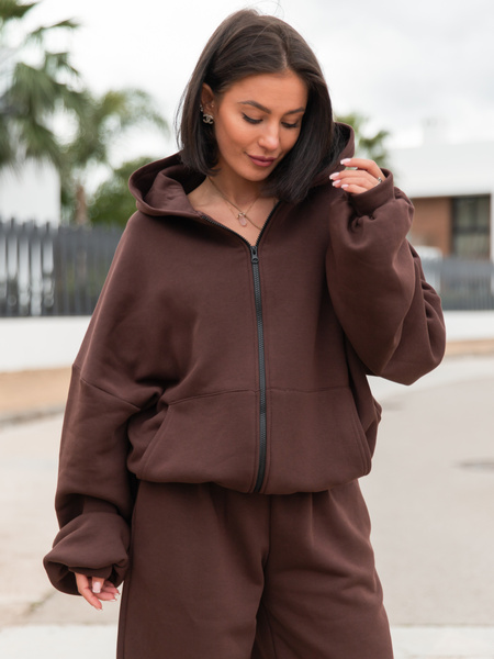 Oversizowa BLUZA z kapturem zapinana na zamek bluzowana kangurka z bawełnianej dresówki brązowa X1