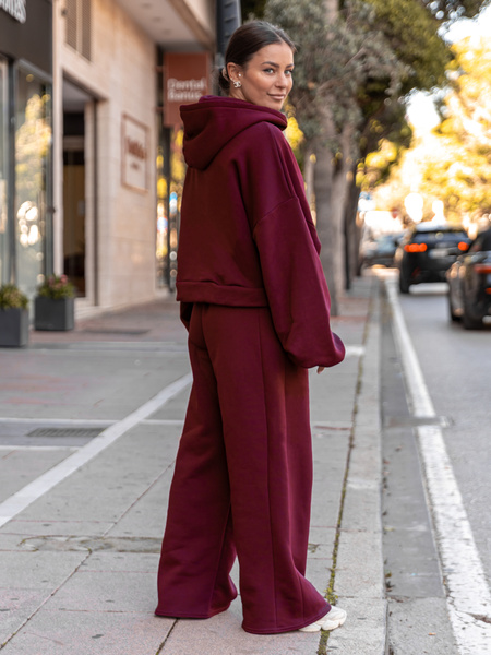 Oversizowa bawełniana BLUZA kangurka z kapturem z prostym ściągaczem z dresu drapanego bordowa X511