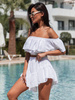 KOMPLET bluzka hiszpanka z odkrytymi ramionami i asymetryczne spódnico spodenki ze zwiewnej tkaniny biały X123 k01
