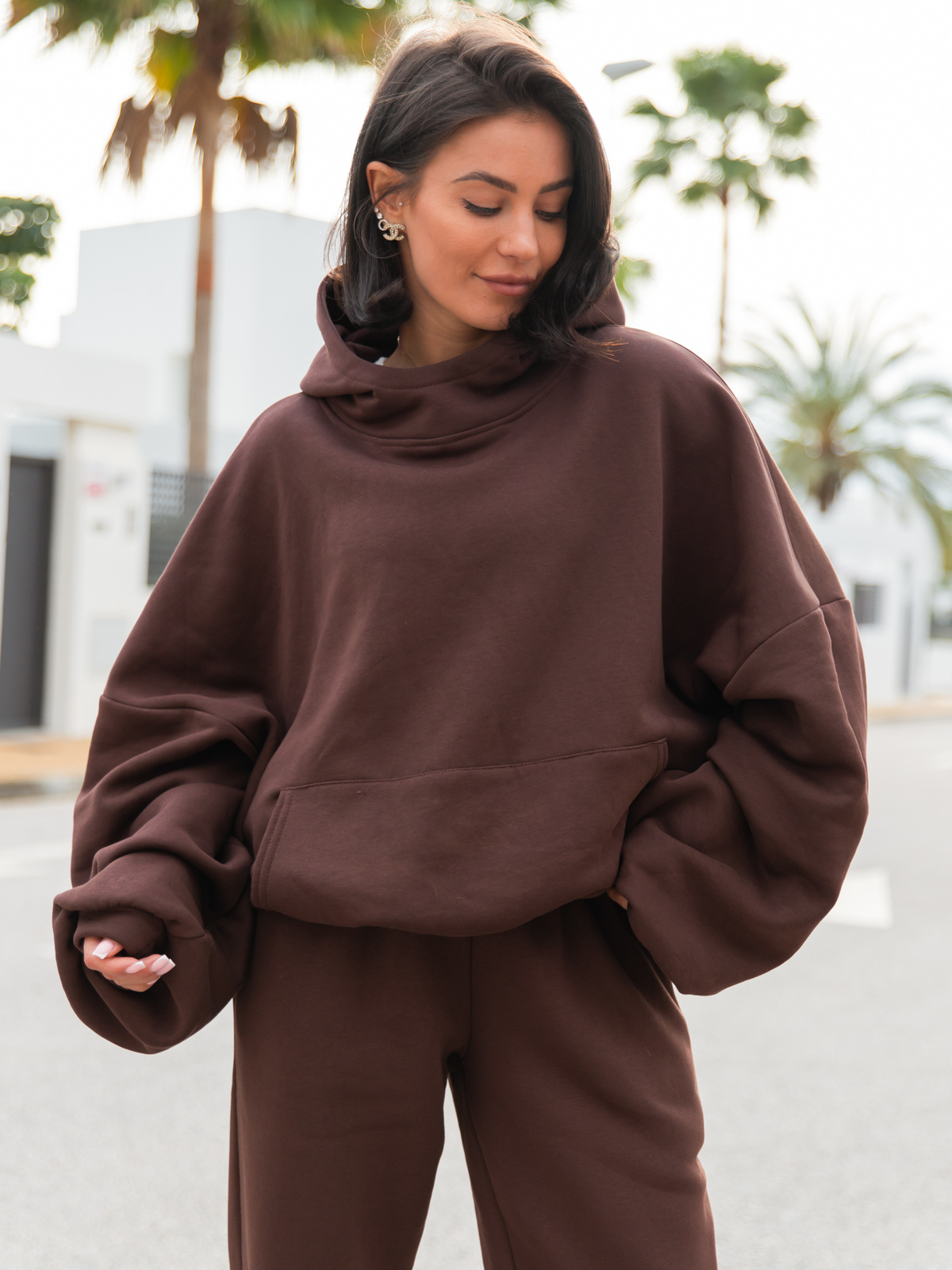 Viralowa Oversizowa bawełniana BLUZA dresowa z kapturem bluzowana kangurka brązowa X2 k01