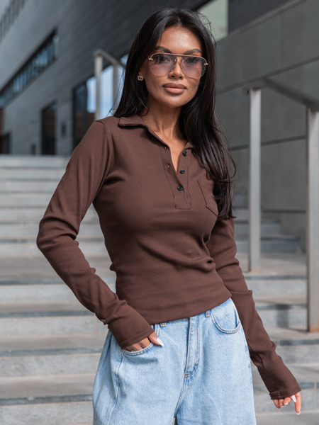 Basic Bawełniana BLUZKA z prążkowanej dzianiny z kołnierzykiem brązowa X405