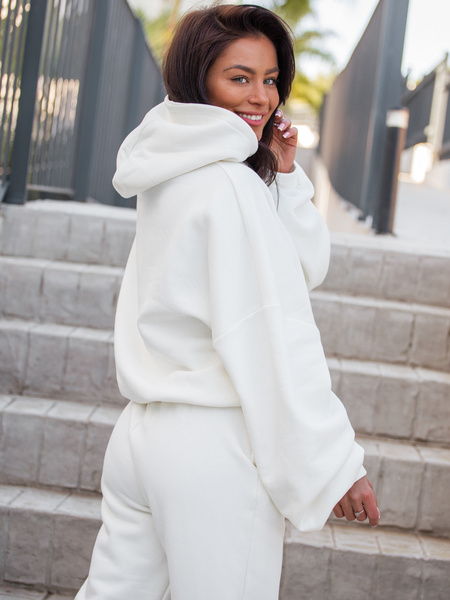 Bawełniana BLUZA z drapanego dresu z kapturem na stójce z kieszeniami kangurka ecru E1