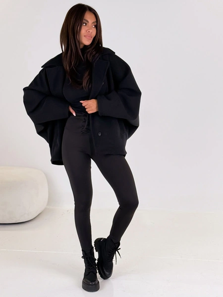 Oversizowy krótki PŁASZCZ KURTKA o szerokim kroju czarny E515