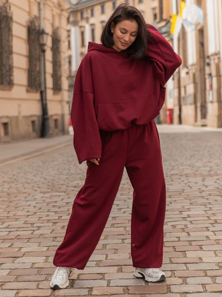 Luźna BLUZA z kapturem oversize szeroka z bawełnianej dresówki niedrapanej od wewnątrz bordowa X150