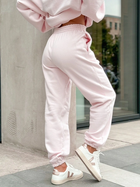 Dresowe bawełniane SPODNIE z wysokim stanem luźny krój ze ściągaczami baby pink E341