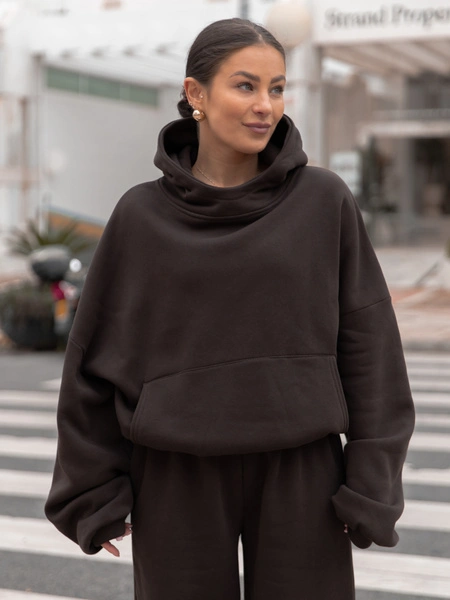 Viralowa Bawełniana BLUZA z drapanego dresu z kapturem na stójce z kieszeniami kangurka czekoladowa E1