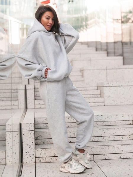 Dresowe bawełniane SPODNIE z wysokim stanem luźny krój ze ściągaczami szary melanż E341