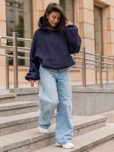 Viralowa Dresowa bawełniana BLUZA z kapturem oversize szeroka navy blue E644