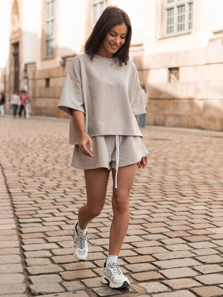 Dresowy bawełniany KOMPLET krótki oversizowy t-shirt i krótkie spodenki stone X156