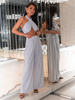 Elegancki brokatowy KOMPLET top halter i szerokie spodnie srebrny E653 k01