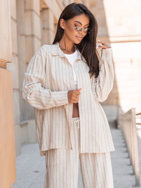 Lniana oversizowa dłuższa KOSZULA beżowa w tenisowy prążek X250 k01