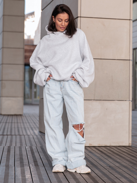 Viralowa Bawełniana BLUZA z drapanego dresu z kapturem na stójce z kieszeniami kangurka szary melanż E1