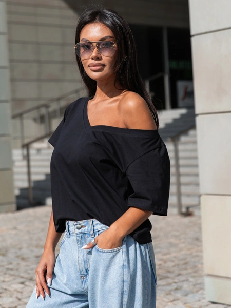 Bawełniany T-SHIRT bluzka z krótkim rękawem z dekoltem V czarna X404