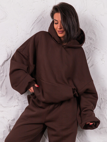 Dresowa bawełniana BLUZA z kapturem oversize szeroka brązowa E644