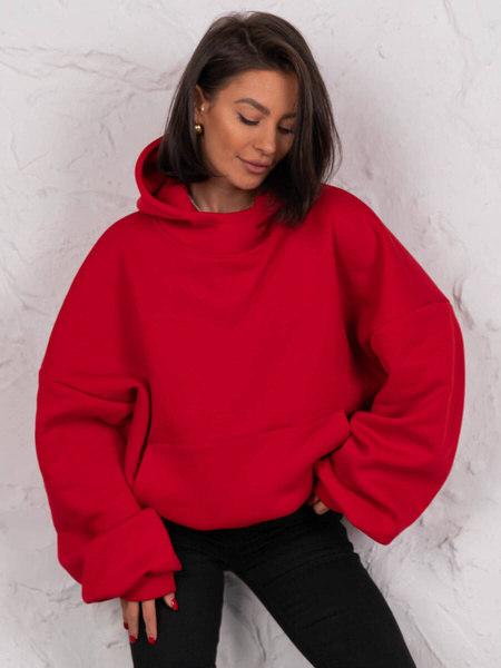 Bawełniana BLUZA z drapanego dresu z kapturem na stójce z kieszeniami kangurka czerwona E1