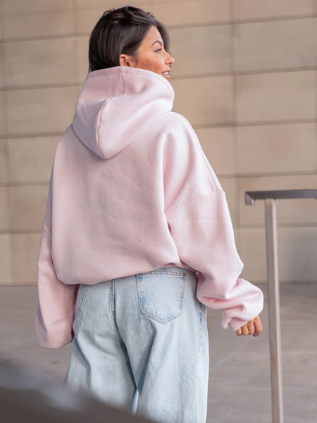 Viralowa Bawełniana BLUZA z drapanego dresu z kapturem na stójce z kieszeniami kangurka baby pink E1